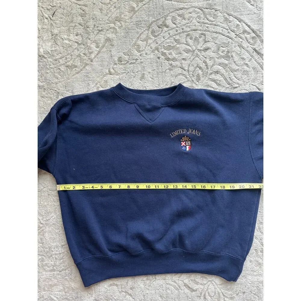 Vintage 90s Limited Jeans Sweatshirt Navy Blue Crest Logo M Cropped Sleeves - Picture 2 of 7